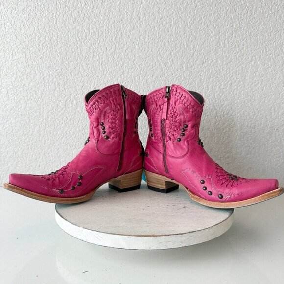 Lane COSSETTE Womens Cowboy Bootie 7.5 Pink Leather Western Short Ankle Boots - Picture 9 of 13